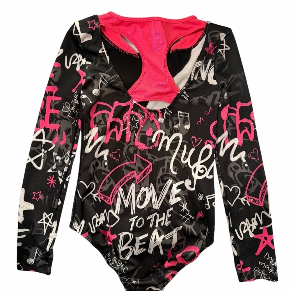 Dance Long Sleeve Leotard music Black Hot Pink shimmer sz 8 gymnastics scrunchie - Picture 3 of 4